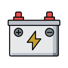 Stylized illustration of a car battery with red terminals and a yellow lightning bolt symbol automotive