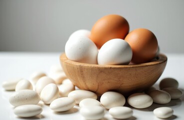 Eggs in a wooden bowl with scattered white candies on a white surface and neutral background