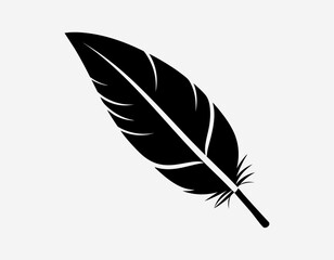 Stylized black feather illustration in silhouette style, centered on a clean white background. Ideal for minimalist art, logos, tattoos, or nature-inspired decor themes.