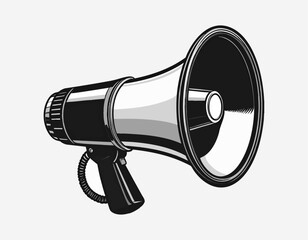 A polished black and white vector-style illustration of a glossy megaphone with a coiled microphone cord. The clean, bold design is ideal for modern print, signage, and activist campaign visuals.