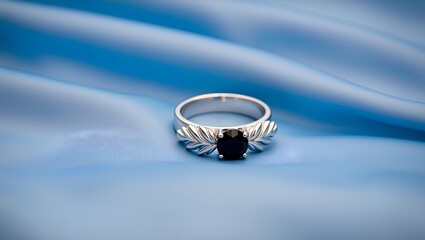a silver ring with a delicate leaf design on either side of a dark gemstone at the center 