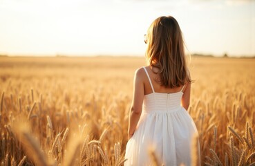 Woman standing in a wheat field during sunset with her back facing the camera