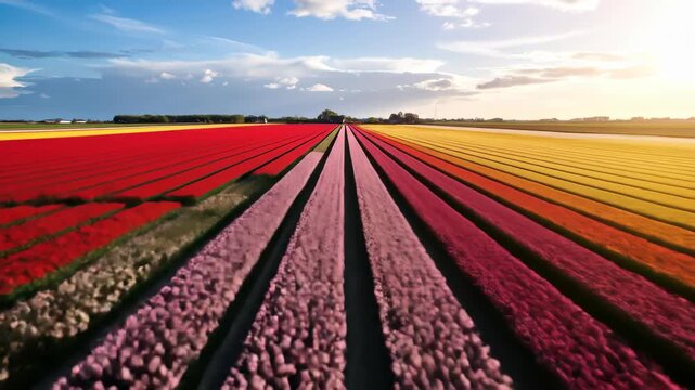 Vibrant Aerial Drone Flight Over Endless Rows of Blooming Tulips in a Dutch Field at Sunset