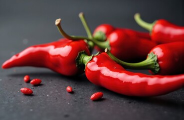 Red chili peppers with scattered seeds on dark surface