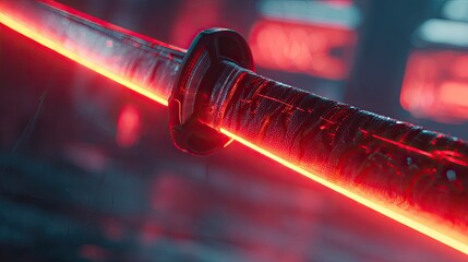 Glowing katana blade in neon red light