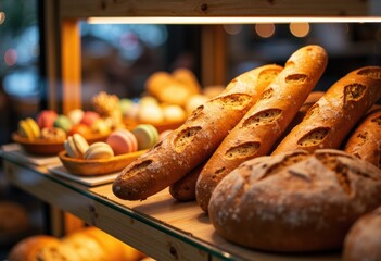 Fresh baked baguettes and bread loaves displayed at a bakery stall with colorful macarons in the background