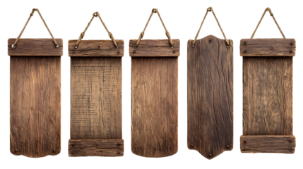 Five rustic wooden signs with rope hanging.