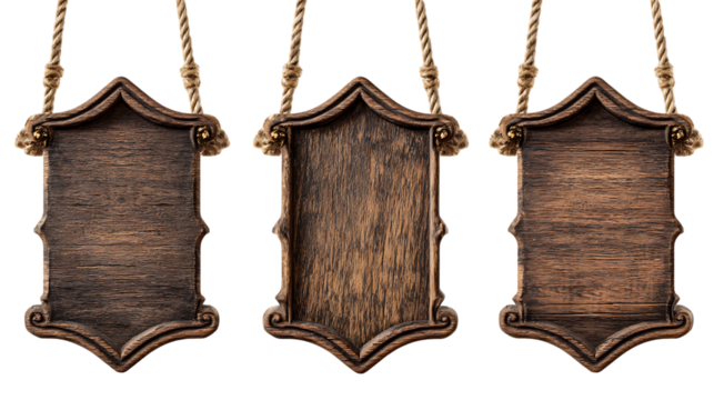 Three rustic wooden signs hanging on ropes. Perfect for adding a vintage or western feel to your designs.