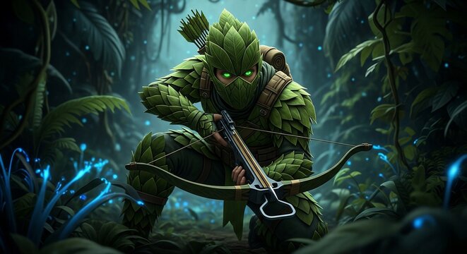 Forest Guardian: Leaf-Armored Archer with Glowing Eyes in Jungle Ambush