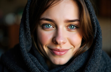 A woman with bright blue eyes smiling warmly while wearing a dark hoodie