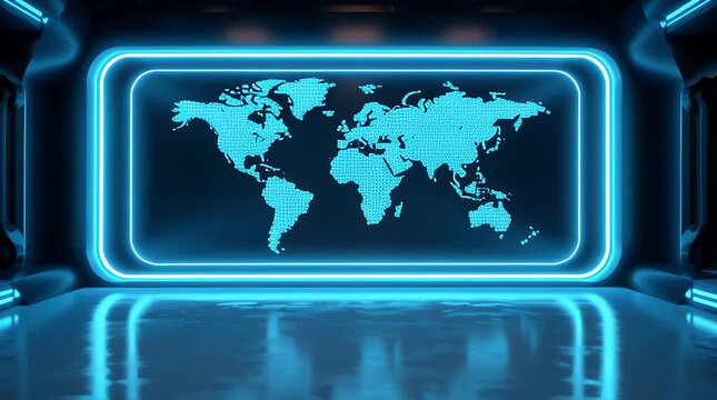 World Map in Futuristic Interior: An illuminated world map hangs against a sleek neon-lit wall within a futuristic interior, conveying global connectivity and advanced technological presence.