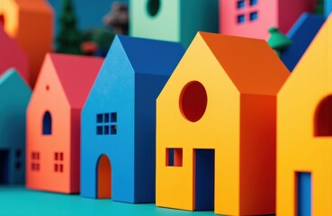 Colorful toy houses arranged in a row on a vibrant background
