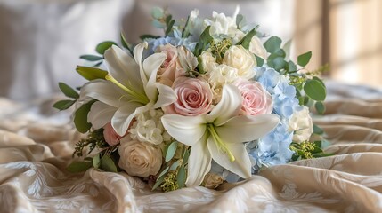 A delicate bouquet of white lilies, soft pink roses, and pale blue hydrangeas, surrounded by trailing ivy and green eucalyptus.