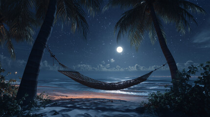 Fototapeta premium Hammock Between Palm Trees on Tropical Beach at Night – Moonlit Sand, Calm Ocean Waves, and Starry Cinematic Atmosphere