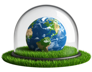 Earth inside a glass dome with lush grass, isolated on a transparent background