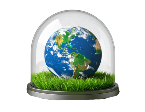 Earth inside a glass dome with lush grass, isolated on a transparent background - Powered by Adobe