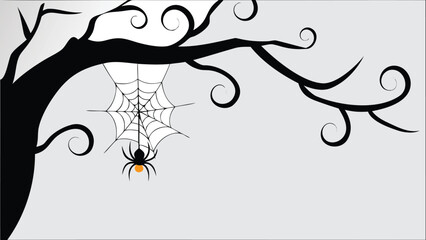 Black tree branch with swirls and a spider hanging from a web on a light gray background scene image
