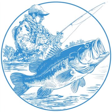 blue fisherman reeling in big bass clip art preview