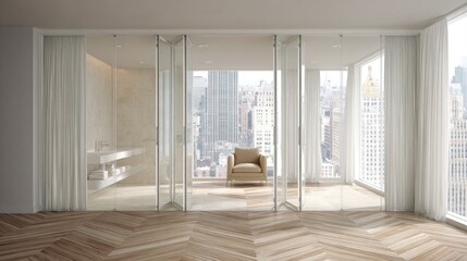 Modern open-plan living space with glass partitions.