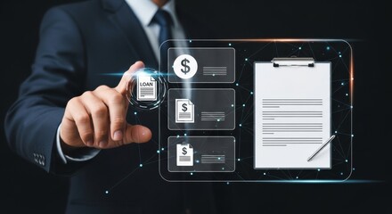 A businessman hand touching holographic screen showing loan icons, representing personal loan, digital finance or money, credit banking, and online financial agreement processes.