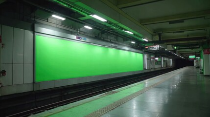 Empty subway station platform with green screen advertisement