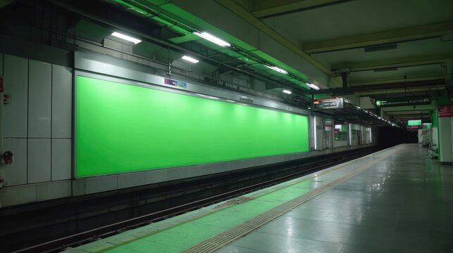 Empty subway station platform with green screen advertisement
