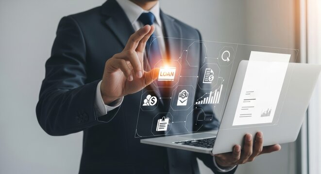 A businessman hand touching holographic screen showing loan icons, representing personal loan, digital finance or money, credit banking, and online financial agreement processes.