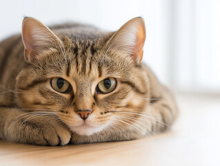 Adorable Tabby cat with stripes laying indoors with relaxing eyes and cute whiskers