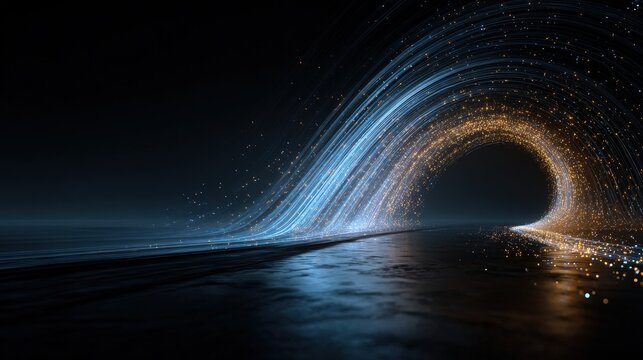 A dynamic, glowing wave of blue and gold light particles arcs above a dark, reflective surface, evoking a futuristic and energetic visual flow.