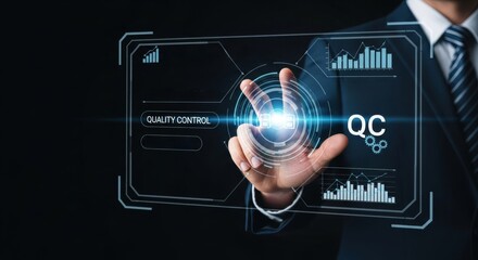 A businessman hand interacts with a holographic QC/QA dashboard, representing digital quality management, compliance, standard certification and continuous improvement in modern business environments.