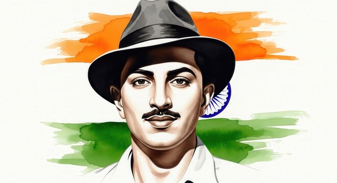 Bhagat Singh Watercolor Portrait with Saffron-Green Brush Background &ndash; Independence Day Art