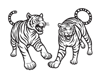 Tiger Illustration Pack – Monochrome Wildlife Line Art on White Background