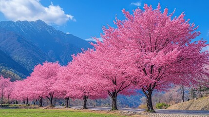 Pink cherry blossoms line a road, mountains in the background