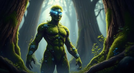 Fototapeta premium Forest Guardian: Moss-Covered Figure with Glowing Eyes in a Mystical Wood