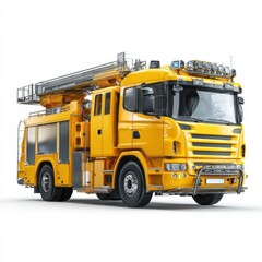 Modern Yellow Fire Truck Aerial Platform Emergency Vehicle Isolated on White Background