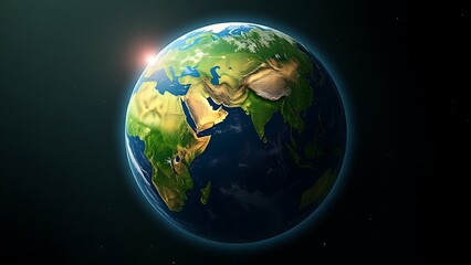 Fototapeta premium Earth globe floating in space, lush green continents glowing with an atmospheric effect.