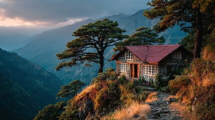 A rustic stone house nestled in a mountain valley at sunset.