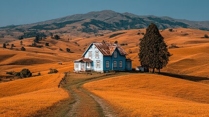A rustic, light blue house sits atop a golden hill.
