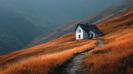 A secluded, white house nestled on a hillside.
