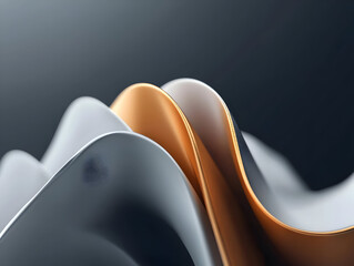Abstract wavy metallic shapes in gray, white, and gold.  Close-up view of overlapping, flowing forms