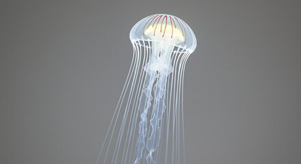 幻想的な光彩漂う、優雅に漂うクラゲ。透き通る触手、神秘的な美しさ。. AI Generated