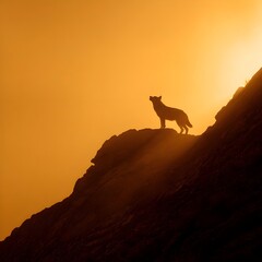 Silhouette of a Lone Wolf on Mountain Peak at Sunset &ndash; Majestic Wilderness Landscape