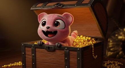 可愛いクマさん 黄金宝箱で輝く瞳 暖色系の優しい光. AI Generated