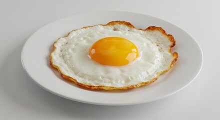 黄金色の卵黄 きれいな焼き目 白い皿の上 朝食イメージ. AI Generated