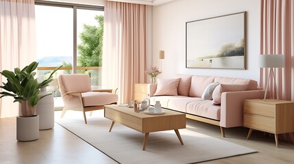Fototapeta premium Bright open-plan living area with a pastel pink sofa, oak wood furniture, beige linen drapes, and neutral color walls in soft daylight .