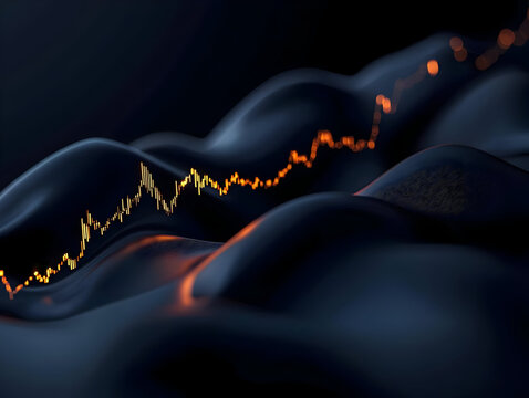 Abstract financial chart.  A dark, textured surface undulates with a line graph of fluctuating values.  The data points are highlighted in an orange-gold hue