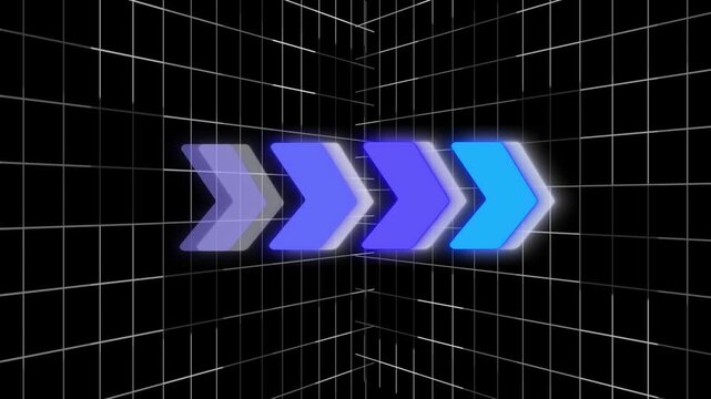 Digital Progression Glowing Blue Chevron Arrows on a Cyber Grid Background, Glowing Blue Arrows  Digital Progress & Direction on Grid Background, Abstract Grid with Neon Arrows  Digital Path  Progre