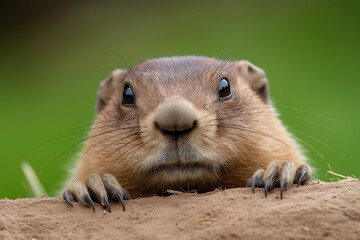 Curious prairie groundhog peeking out from burrow in nature, showcasing wildlife and whiskers