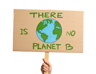 Environmental protest placard with hand-drawn Earth, isolated on a transparent background