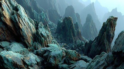 A rugged landscape of textured teal rocks.
